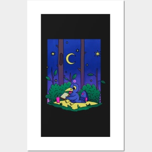 Little raven eats a sandwich at night in the forest Posters and Art